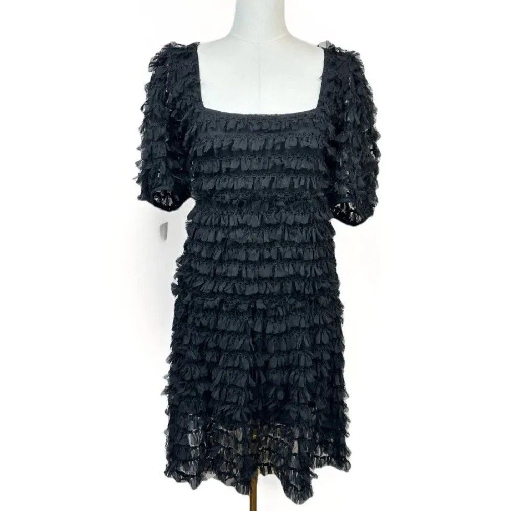 ✨ NWT Zara Black Tulle Fringe Mini Dress Small Puff Sleeve Ruffle 🖤 - Picture 6 of 16